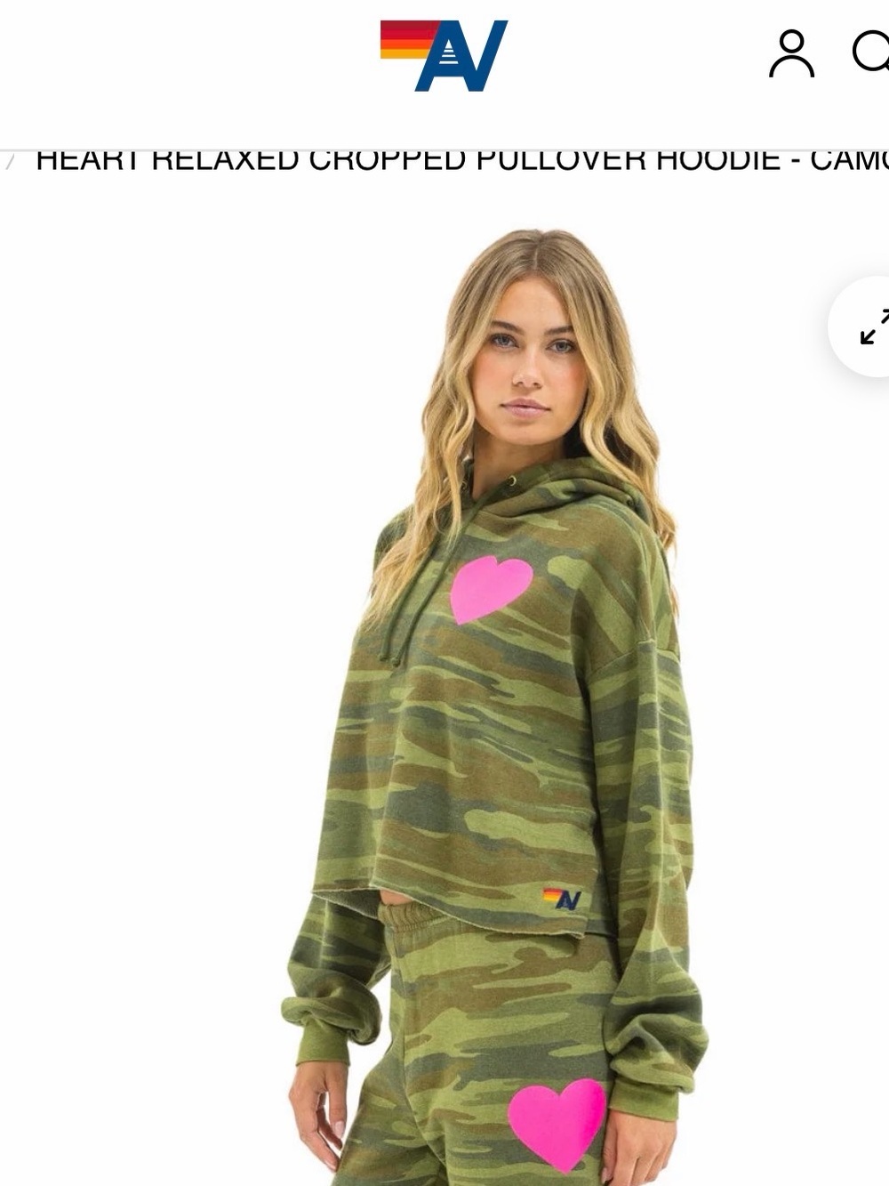 Aviator Nation Green Camo Cropped Hoodie with Pink Heart